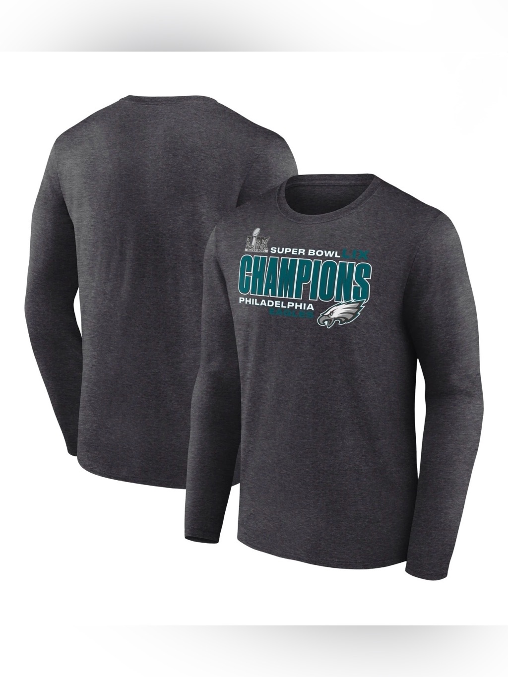 Men’s 3xl Eagles Super Bowl Lix Champions Long Sleeve Shirt Fanatics Charcoal